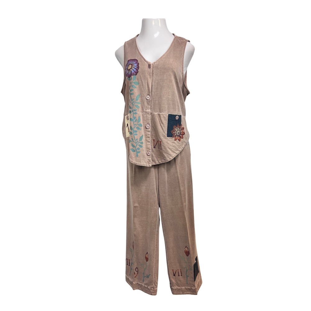 Isabel by Shawn 2 Piece‎ Pant Set Womens 1 Taupe Excellent Floral Art Boho Vest